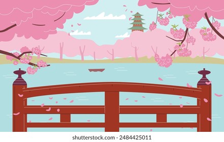 Hanami spring landscape. Vector illustration sakura trees are in full bloom, their delicate petals fluttering over a Japanese park with a bridge and pond.