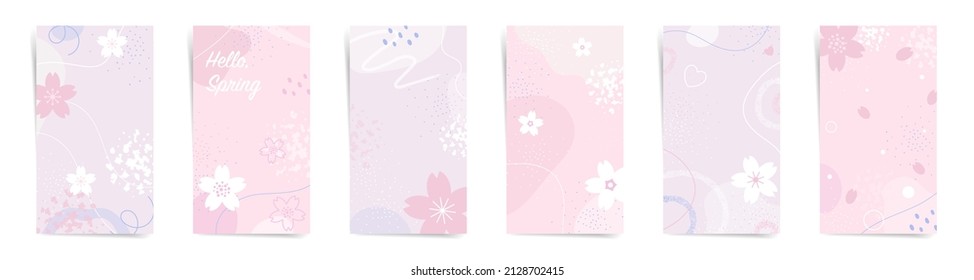 Montaje de plantillas de diseño de relatos sakura de primavera hanami. Diseño geométrico de la historia para el diseño de tarjetas de felicitación promocional para los amantes de las vacaciones. Afiches sociales lindos púrpuras y rosas elegantes.	