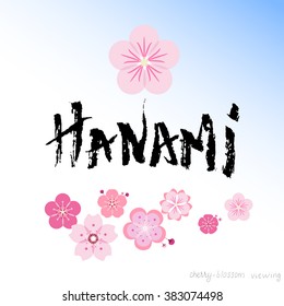 Hanami. Textured black letters on gradient white and blue background with different kinds of sakura flowers. Poster design EPS 10.