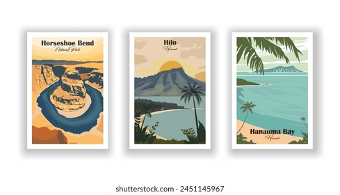 Hanauma Bay, Hawaii, Hilo, Hawaii, Horseshoe Bend, National Park - Vintage travel poster. Vector illustration. High quality prints