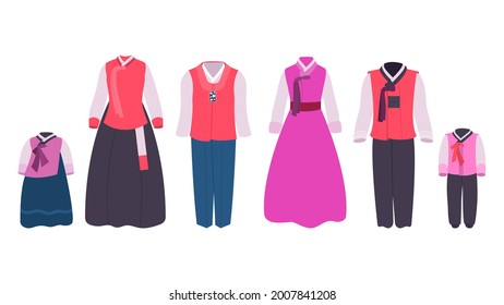 Ropa de hanbok traje tradicional coreano para adultos y niños. Ropa asiática nacional, vestimenta oriental para mujeres y hombres, traje étnico oriental, ilustraciones vectoriales aisladas de fondo blanco