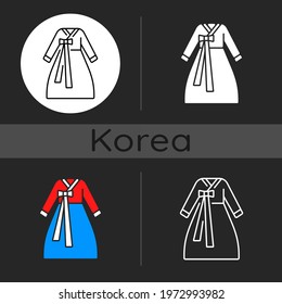 Hanbok dark theme icon. National asian clothing. Oriental dress for women. Eastern outfit for girls. Korean culture. Linear white, simple glyph and RGB color styles. Isolated vector illustrations