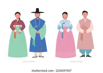 Hanbok of the Joseon Dynasty and modern Hanbok. hand drawn vector illustration.