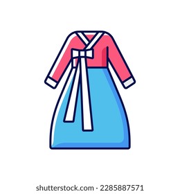 Hanbok RGB color icon. National asian clothing. Oriental dress for women. Eastern outfit for girls. Ethnic festival wear. Korean culture. Traditional symbols of Korea. Isolated vector illustration