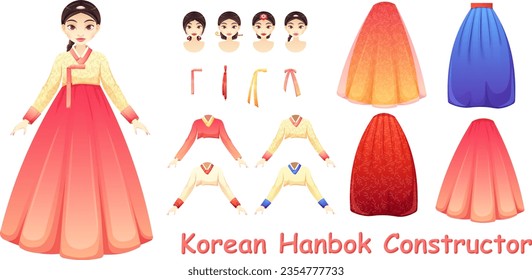 Hanbok, traditional Korean clothing for women. Constructor clothes. Skirt, jacket, bow, traditional Korean hairstyles