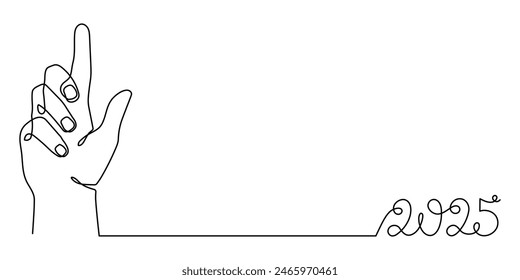 Hand with 2025 one line art, hand drawn continuous contour. Holiday concept, festive New year handwriting text, minimalist design. Editable stroke. Isolated. Vector illustration