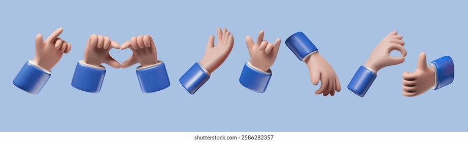 Hand 3D realistic. Icon emoji. Gesture like, finger up, rock, OK, click and point sign. Cartoon glossy render, emoticon collection. Plastic business object. Human palm. Vector isolated set exact