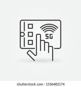 Hand with 5G tablet outline vector icon or symbol