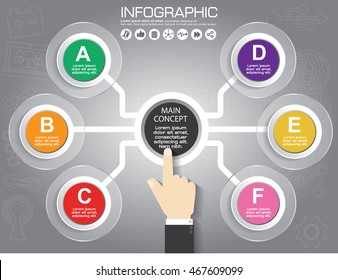 hand and 6 buttons on the grey background. Eps 10 vector file.