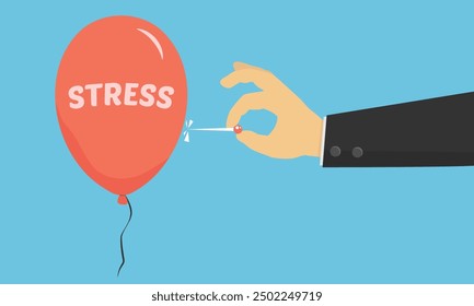 Hand about to pop a red balloon with the word stress on it. Hand pricking red balloon with a needle. Concept of relieving stress or tension. Vector illustration