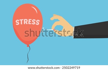 Hand about to pop a red balloon with the word stress on it. Hand pricking red balloon with a needle. Concept of relieving stress or tension. Vector illustration