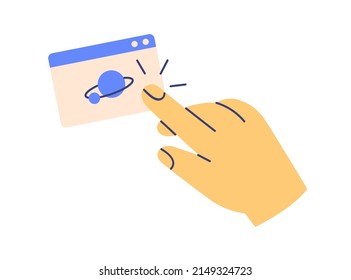 Hand And Abstract Browser Window, Using Internet. Online Search, Web-page Of Website And Arm Icon. Site, Webpage In WWW, Computer Network. Flat Vector Illustration Isolated On White Background