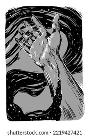Hand with abstract cosmic flow from the wound. Concept of magic and space connection. Monochrome vector illustration. Abstract picture isolated on white. Artistic print in vintage style..