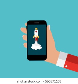 Hand with Abstract Mobile Phone and Rocket as Start Up. Template in Modern Flat Style Vector Illustration EPS10