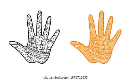 Hand with abstract patterns on isolated background. Design for spiritual relaxation for adults. Zen art. Abstract ornate element. Different color options