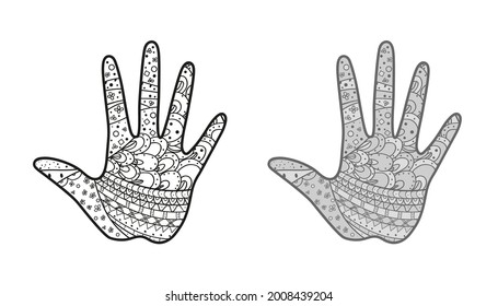 Mano con patrones abstractos sobre el fondo aislado. Diseño para la relajación espiritual para adultos. Arte zen. Diferentes opciones de color. Ilustración en blanco y negro