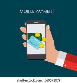 Hand with Abstract Phone and Mobile Payment Concept. Template in Modern Flat Style Vector Illustration EPS10