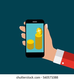 Hand with Abstract Phone and Mobile Payment Concept. Template in Modern Flat Style Vector Illustration EPS10