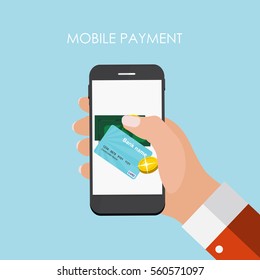 Hand with Abstract Phone and Mobile Payment Concept. Template in Modern Flat Style Vector Illustration EPS10
