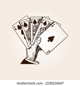 Hand with ace playing cards fan. Vintage engraving stylized drawing. Vector illustration