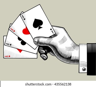 Hand with ace playing cards fan. Vintage engraving stylized drawing. Vector illustration 