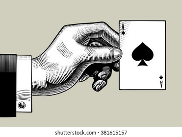 Hand With The Ace Of Spades Playing Card. Vintage Engraving Stylized Drawing. Vector Illustration 