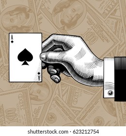 Hand with the ace of Spades playing card on the dollars bank notes seamless pattern background. Vintage engraving stylized drawing. Vector illustration 