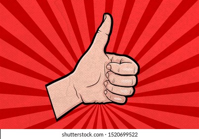 Hand achieve gesture like, ok thumbs up comic book pop art isolated. Like positive achieve thumbs up fist. Sketch cartoon retro thumb up pop art arm. Ok like hand gesture vector illustration.