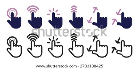 Hand actions on touch screen. Scrolling or swiping gesture. Forefinger tapping. Mobile display zooming. Interface menu sliding. Pressing at touchscreen. Arm symbol. Vector set of finger movement icons