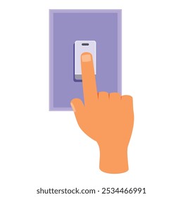 Hand is activating a light switch with the index finger, on a white background