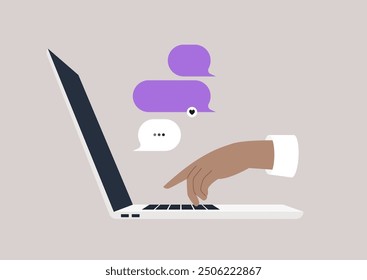 A hand actively types on a laptop, engaged in a digital conversation, Colorful speech bubbles float above the keyboard