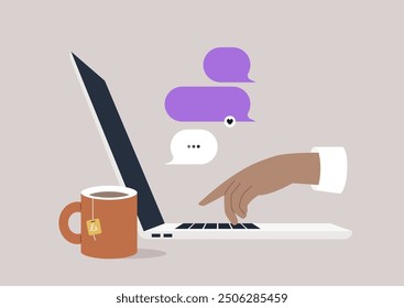 A hand actively types on a laptop, engaged in a digital conversation, Colorful speech bubbles float above the keyboard