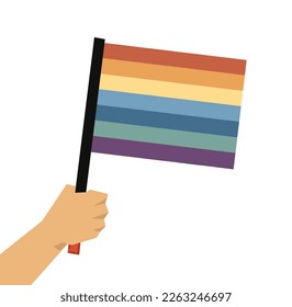 Hand of activist holding rainbow flag vector illustration. Cartoon drawing of hand of person with symbol of LGBTQ or peace on white background. Freedom, community, LGBT, activism concept