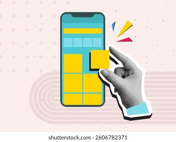 Hand adding interface element to phone screen with app layout. UI UX design. Modern collage style. Vector illustration