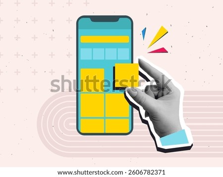 Hand adding interface element to phone screen with app layout. UI UX design. Modern collage style. Vector illustration