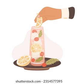 Mano añadiendo limón al vaso de limonada de hielo fresco. Ilustración del vector