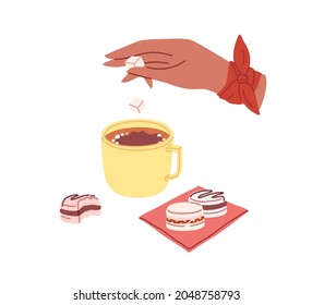 Hand adding and pouring sugar lumps into tea cup. Person sweetening coffee in mug. Sweet coffe drink and macarons dessert. Flat vector illustration isolated on white background