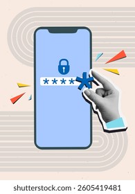 A hand adds the last asterisk to the password field on the phone screen. Internet security. Modern photo collage style. Vector illustration