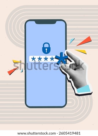 A hand adds the last asterisk to the password field on the phone screen. Internet security. Modern photo collage style. Vector illustration