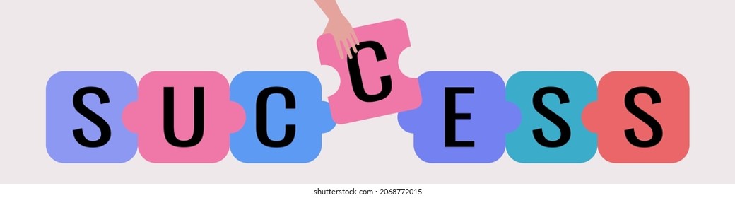 Hand adds the word Success from puzzle pieces. Vector illustration in a flat style