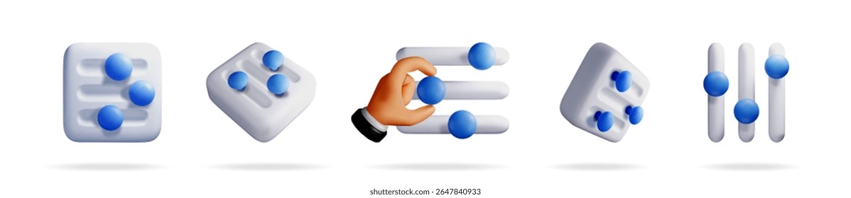 A hand adjusting a 3d rendered modern minimal setting interface and other equalizer or slider elements. User interface for website.