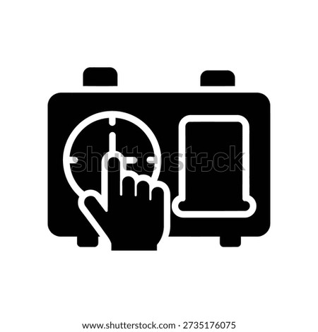 Hand adjusting clock on a briefcase, symbolizing time management and scheduling.