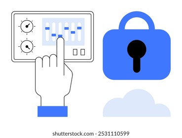 Ajuste manual das configurações do painel de controle. Bloqueio azul seguro simboliza a proteção de dados. A nuvem abaixo representa o armazenamento em nuvem. Ideal para segurança cibernética, armazenamento em nuvem, gerenciamento de dados, controle de acesso