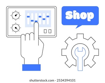 Ajuste manual das configurações do painel de controle, engrenagens com uma chave inglesa e um ícone de bolha Loja. Ideal para gerenciamento de negócios, lojas on-line, personalização, design de interface de usuário, tecnologia. Arte vetorial simples