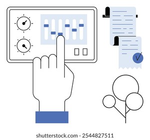 Uma mão ajustando as configurações em um painel de controle, uma lista de verificação com uma marca de seleção azul e círculos conectados. Ideal para tecnologia, organização, configurações, planejamento e temas de gerenciamento. Arte de linha simples