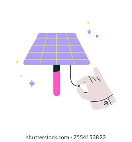 Hand Adjusting Solar Panel In Flat Vector Illustration Symbolizing Renewable Energy, Solar Power, And Sustainable Solutions, Isolated On White Background.