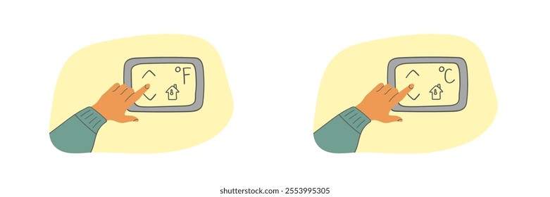 Hand adjusting thermostat settings vector illustration. Home heating, winter budget concept