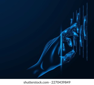 Hand adjusts the adjustments. Polygonal design of interconnected lines and points. Blue background.