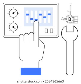 A mão ajusta os mostradores na tela sensível ao toque com o símbolo e a chave inglesa Bitcoin. Ideal para tecnologia, criptomoeda, interface do usuário, ferramentas digitais, automação. Estilo moderno e parecido com desenhos animados