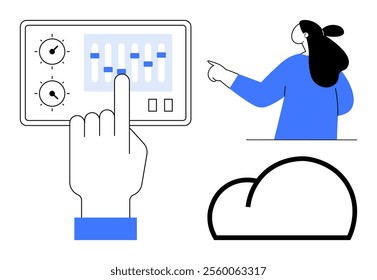 A hand adjusts a digital control panel while a woman points towards it and a cloud symbol sits below. Ideal for technology, control systems, cloud storage, user interfaces, digital interaction